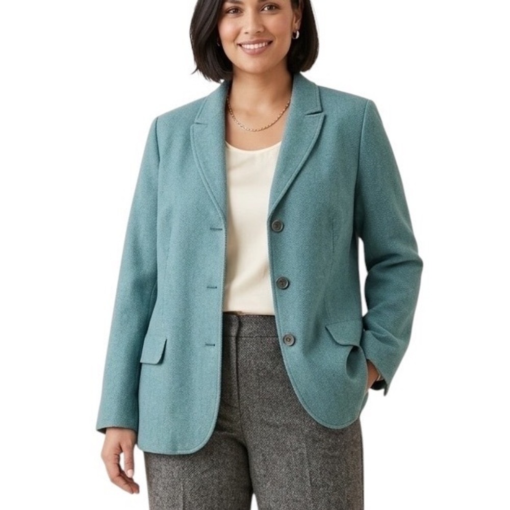 Coldwater Creek Teal Blue Herringbone Blazer Jacket Plus Size W18 3-Button Front